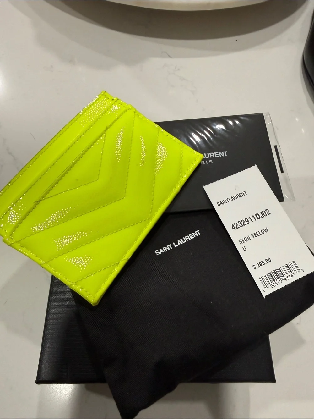 Authentic Saint Laurent Neon Yellow Quilted Patent Card Case with YSL Logo